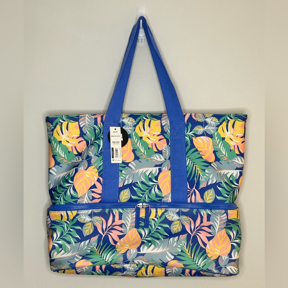 No Boundaries Beach Elevated Zip Bottom Insulated Cooler Tote Bag Blue Tropical